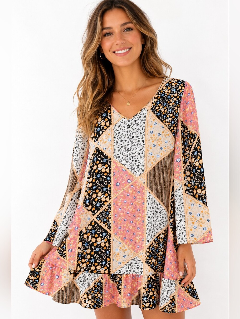 Zaful Patchwork Print Ruffle Hem Tunic Dress | Size Large | Boho Floral